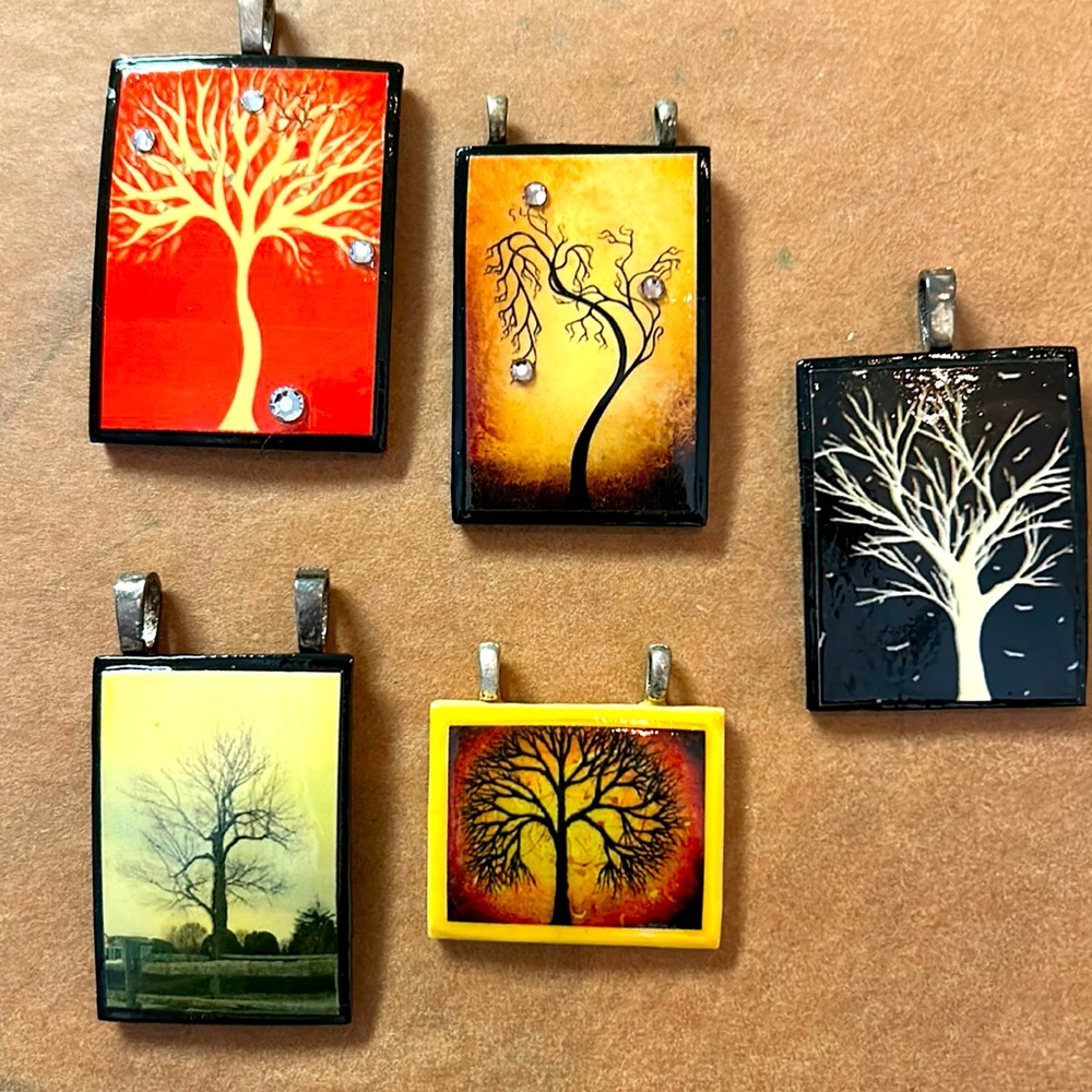 5 vintage Hand made wooden “tree” pendants